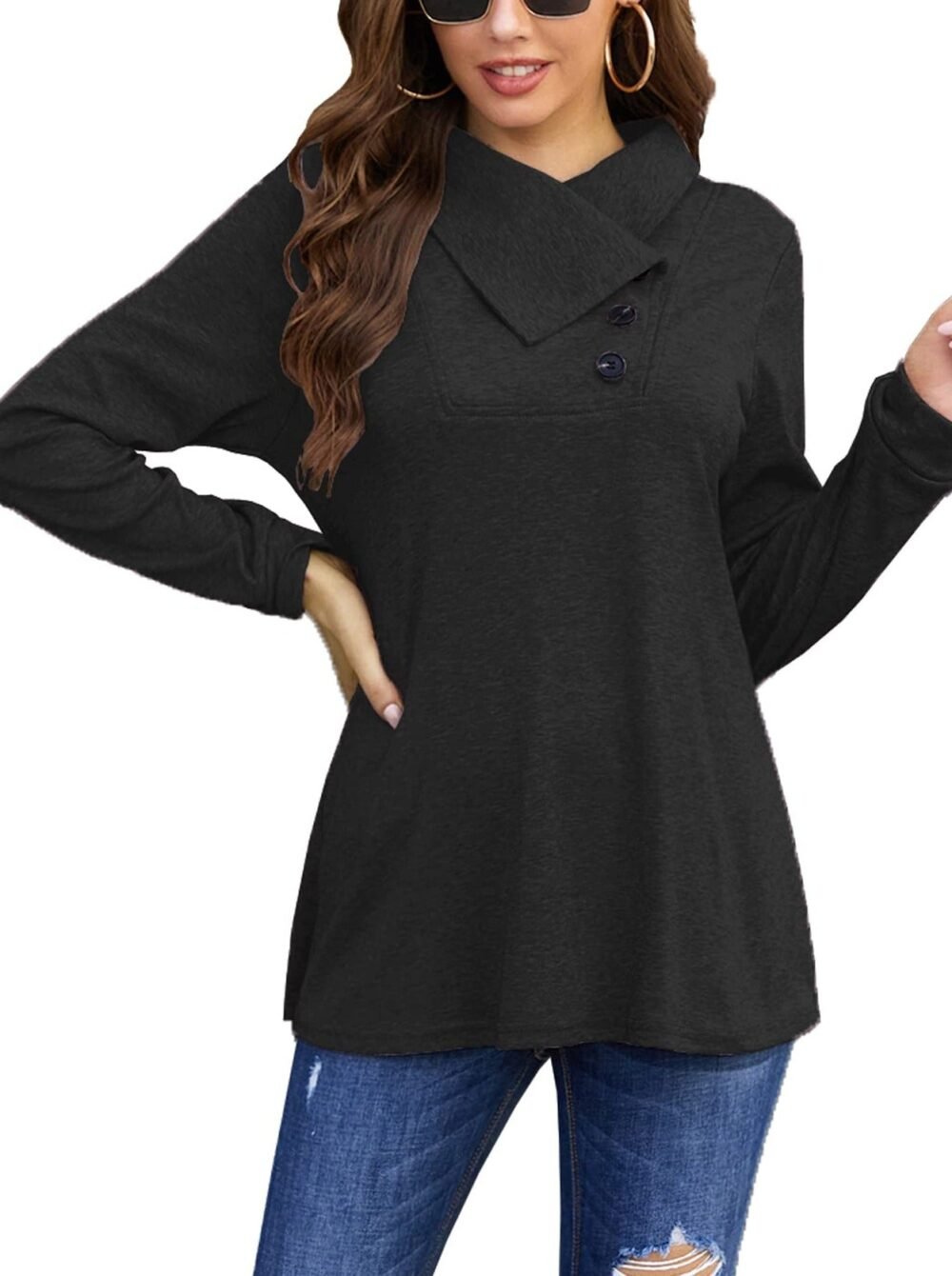 T-Shirts Long Sleeve Cowl Neck Button T-Shirt for Women - Image 6