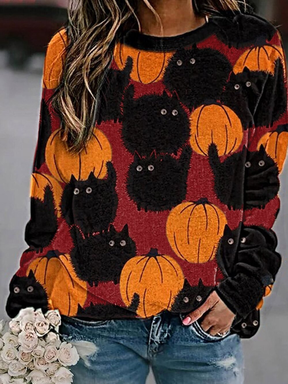 T-Shirts Pumpkin Print Comfortable Round Neck Long Sleeve T-Shirts for Women - Image 3