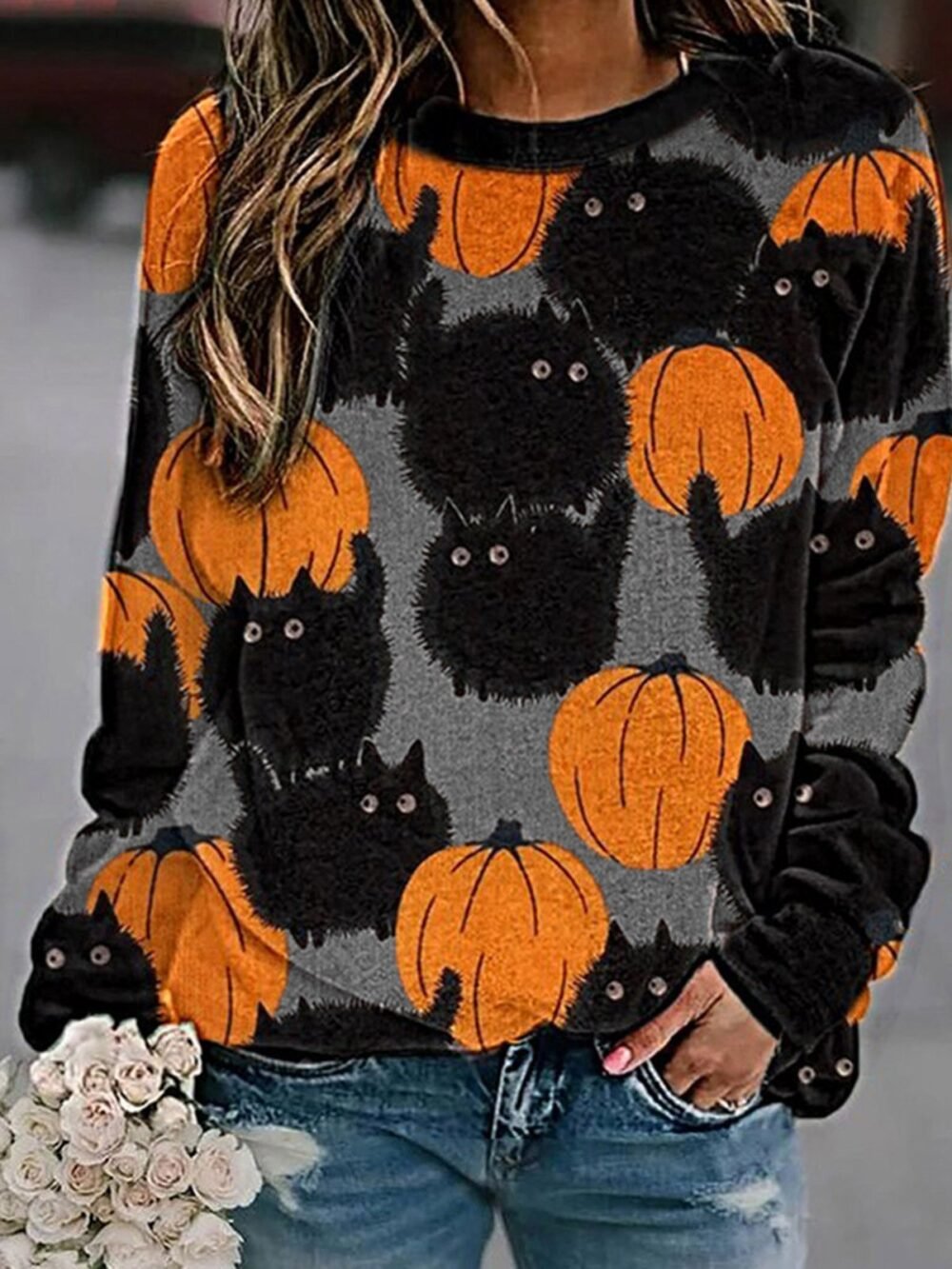 T-Shirts Pumpkin Print Comfortable Round Neck Long Sleeve T-Shirts for Women