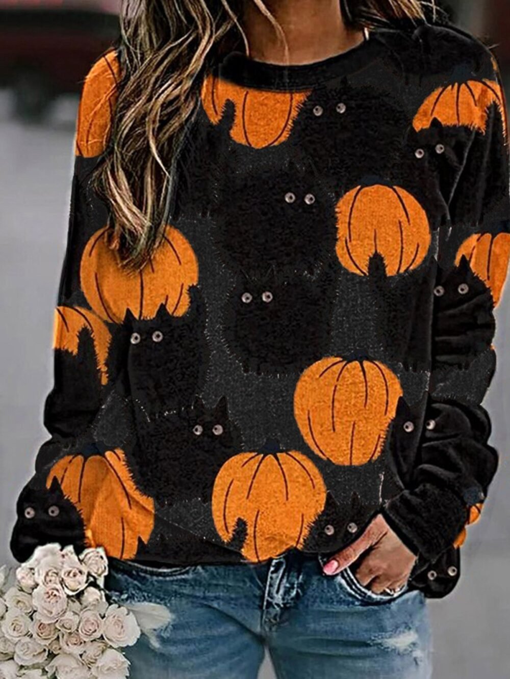 T-Shirts Pumpkin Print Comfortable Round Neck Long Sleeve T-Shirts for Women - Image 2