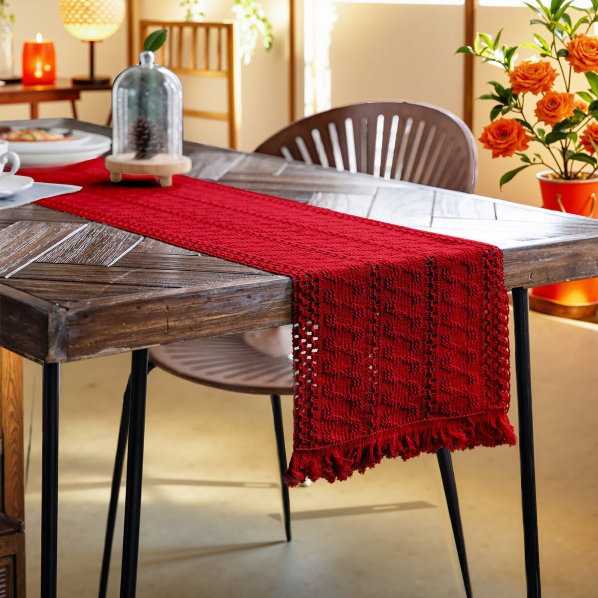 Tassel Table Runner Navy Pink Fringe Poly Cotton Nordic