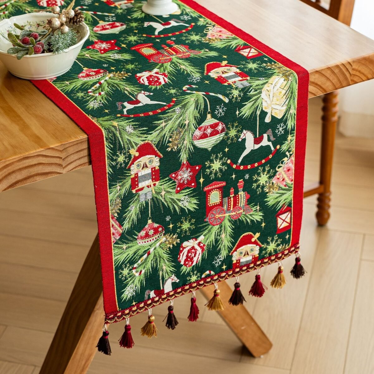 Table Runner With Festive Deer Pine Pattern For Dining