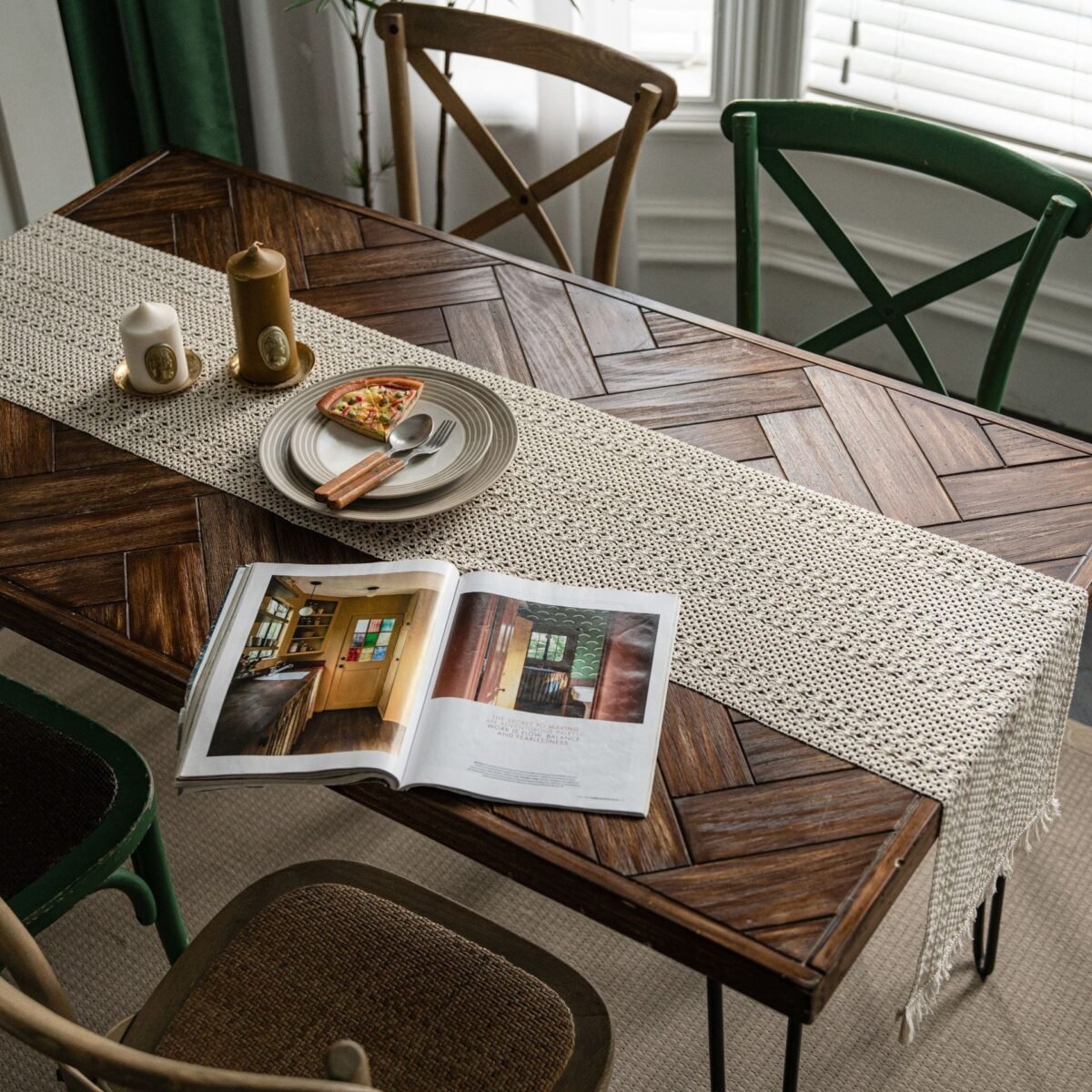 Table Runner Hollow Stripe Tassels 60% Jute 40% Cotton