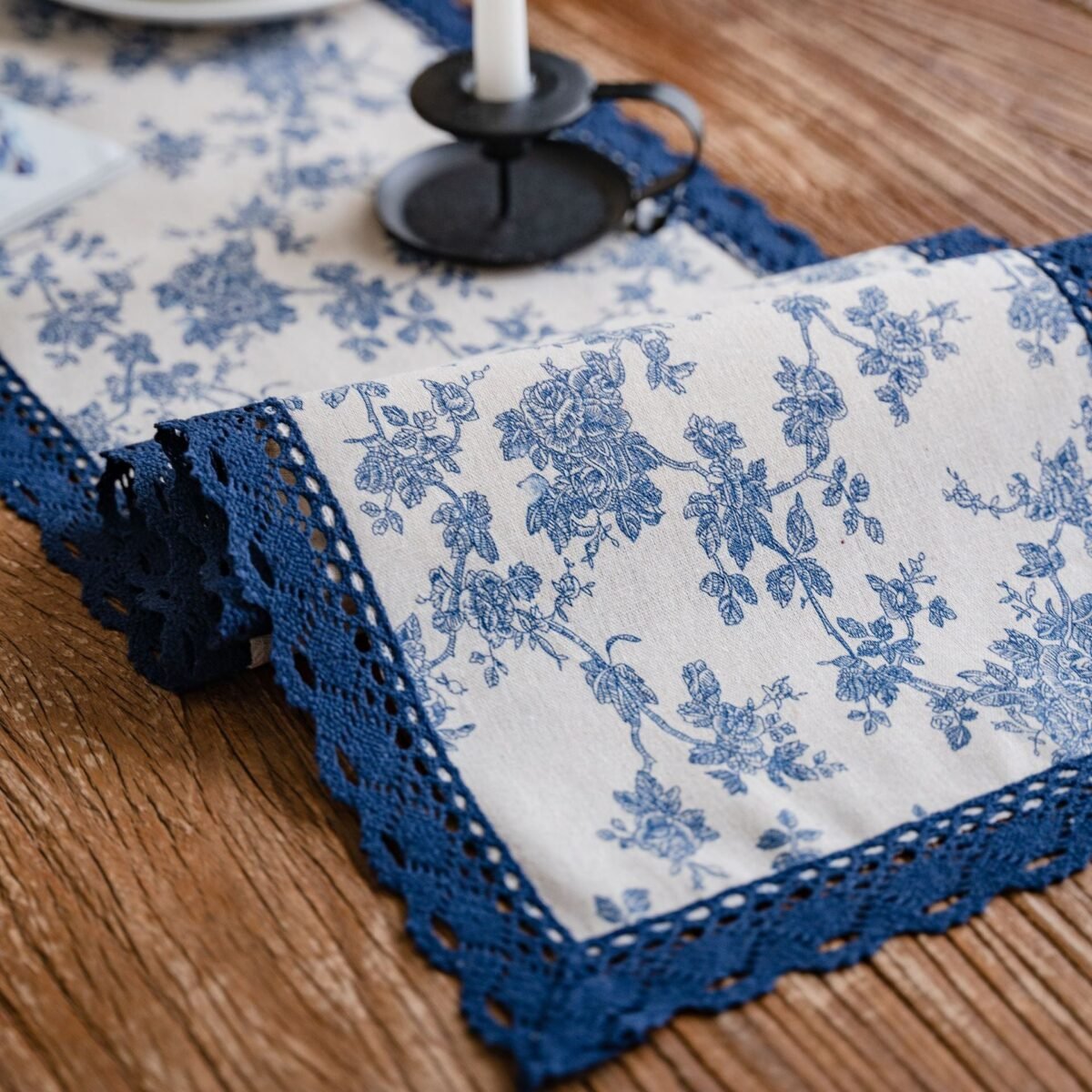 Table Runner Navy Rose Print Polyester-Cotton